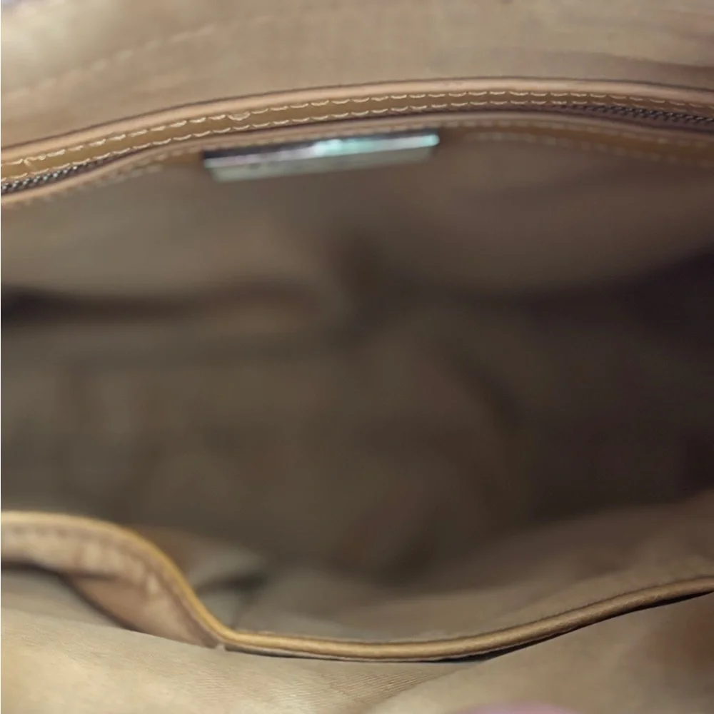 MIZTIQUE TAN NATURAL FAUX LEATHER AND CANVAS HAND BAG ZIP CLOSURE POCKET INSIDE